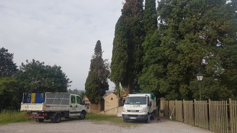 Abattage par démontage d’arbres dans un cimetière proche de Toulouse